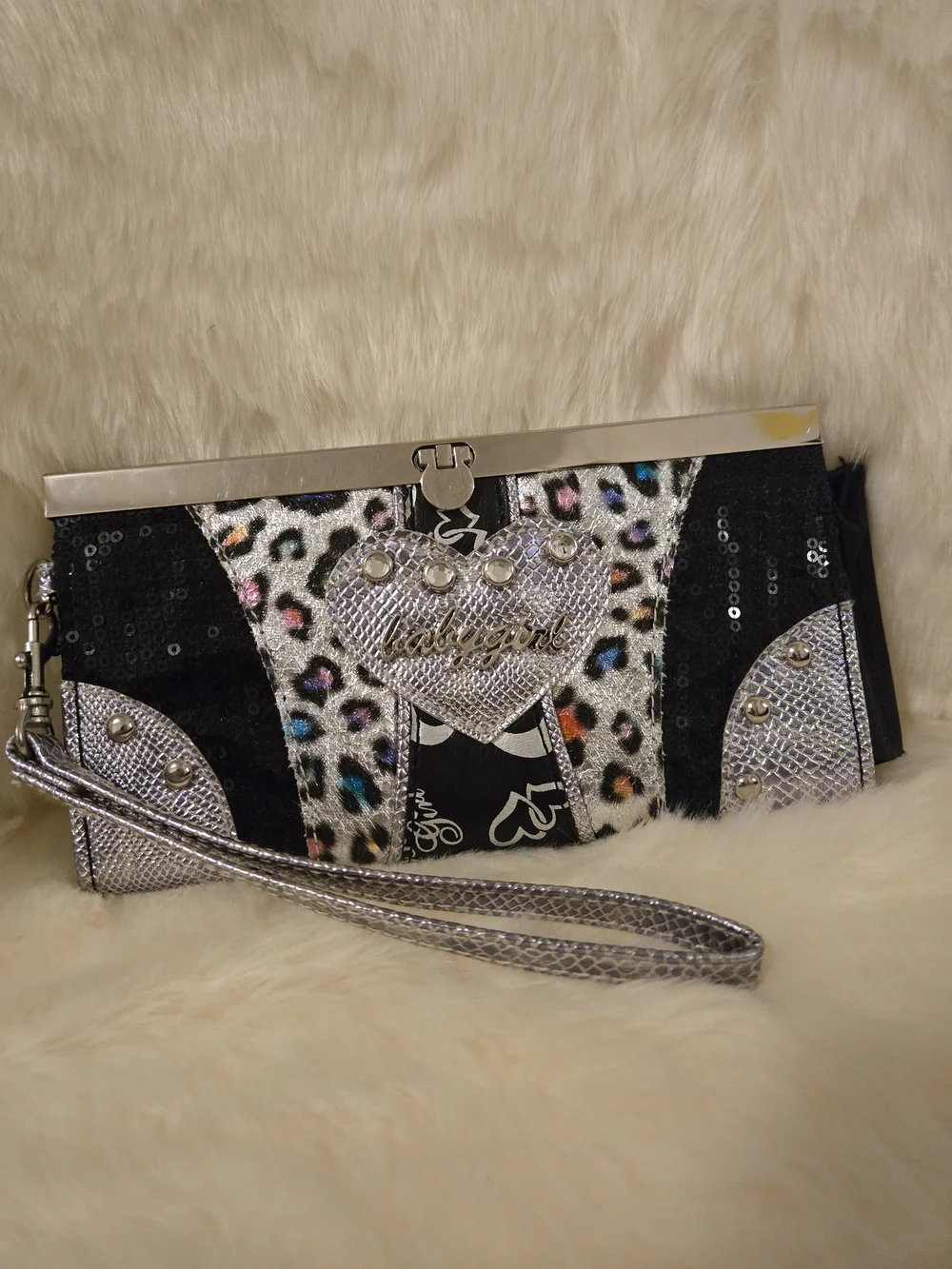 Babygirl Heart Accent Wristlet Clutch with Multicolor Leopard Print